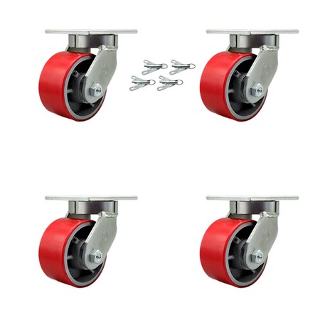 Service Caster 6'' Heavy Duty Red Poly on Cast Iron Caster Set with Swivel Locks , 4PK CRAN-SCC-KP92S630-PUR-RS-BSL-4